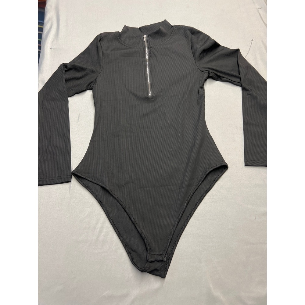 Black Ribbed Quarter Zip Mock Neck Long Sleeve Bodysuit Medium